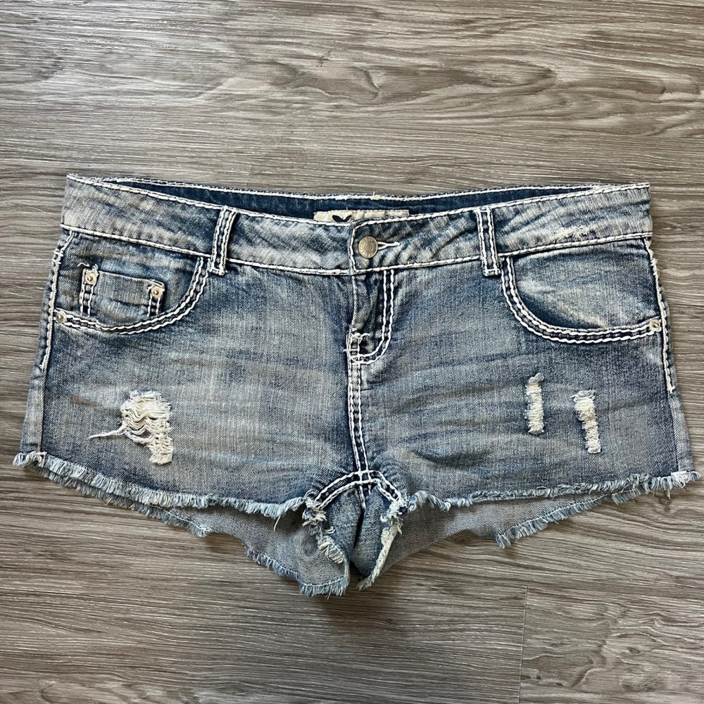 Wet Seal Women Distressed Low Rise Denim Shorts Blue Y2K Contrast Stitch Size 13